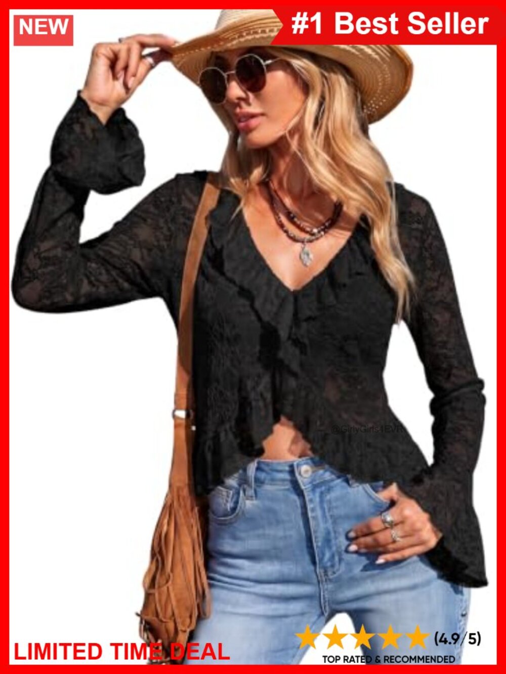 Sheer Lace Mesh Open Front Bell Sleeve Crop Top Blouse